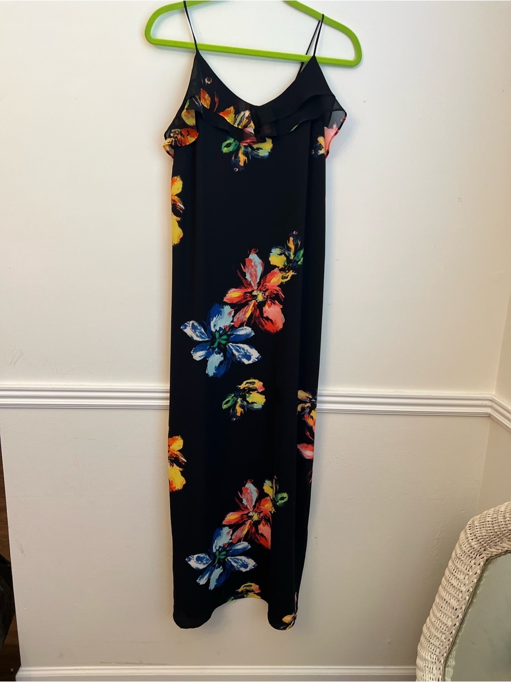 Vintage Y2K 90Black Floral Slip Maxi Dress with Multicolor Blooms slits both sid